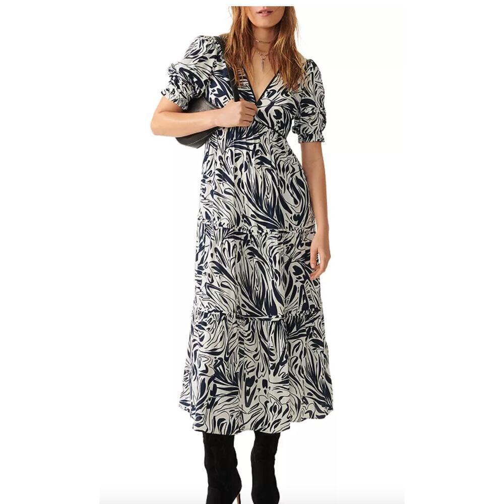 BA&SH Calas Abstract Print Midi Lady Dress Black and White Boho Size Small